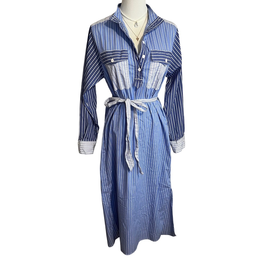 Karen Kane Blue White Mixed Stripe Belted Midi Shirt Dress Womens Small